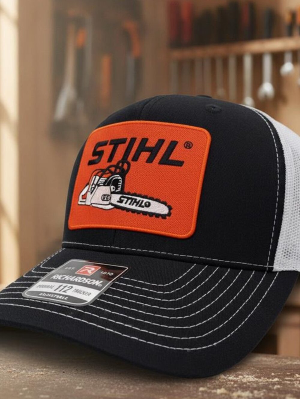 Retro Chainsaw Forestry Patch Black White Richardson 112 Trucker Hat Embroidered